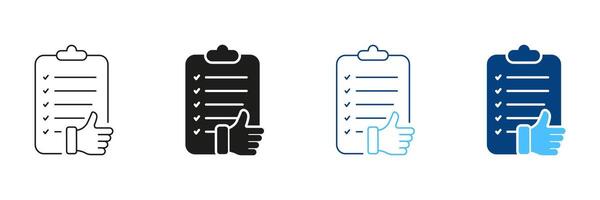 Paper Document With Thumb Up Line and Silhouette Icon Set. Approval Confirmation Pictogram. Customer Feedback Symbol. Approve Agreement. Editable Stroke. Isolated Illustration vector