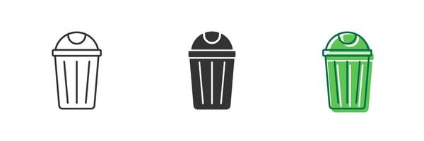 Trash Bin Line and Silhouette Icon Set. Waste Disposal and Recycling Bin Symbols for Eco and Clean Environment. Reuse Eco Container Icon. Editable Stroke. Isolated Illustration vector