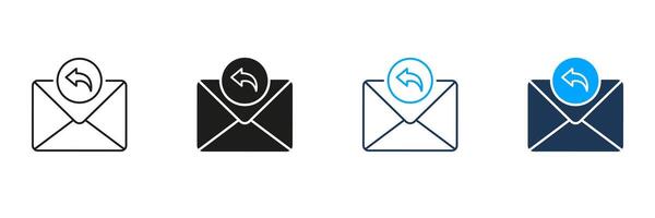 Reply Email Line and Silhouette Icon Set. Letter, Mail, Post Pictogram. Responding New Message Symbol. Envelope Sign. Editable Stroke. Isolated Illustration vector