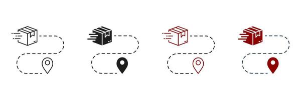 Shipment Distance, Pin on Map with Box Line and Silhouette Icon Set. Order Route Sign. Parcel Location Pictogram. Delivery Service Path Symbol. Editable Stroke. Isolated Illustration vector