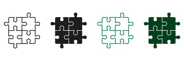 Square Puzzle. Logic Game, Teamwork, Idea Concept. Solution, Challenge, Combination Line and Silhouette Icon Set. Editable Stroke. Isolated Illustration vector