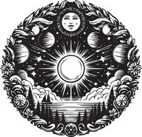 The sun and moon in a circle with trees and clouds vector