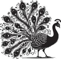 A black and white peacock with ornate patterns vector