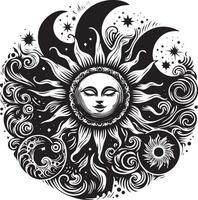 The sun and moon in a circle with swirls and stars vector