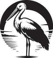 A black and white image of a stork standing in front of a circle vector