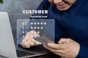 Bad user experience via a smartphone. Customer experience dissatisfied. Poor rating. Negative feedback concept. photo
