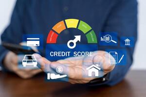Credit score concept, Person use smartphone with virtual credit score icon for chart with credit history values. photo