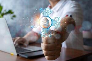 Man login with fingerprint scanning technology. Security concepts and fingerprint password control in the technology of the future. photo