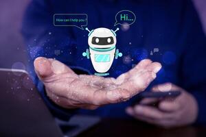 Businessman using smartphone for digital robot application, conversation assistant, AI Artificial Intelligence concept, digital on virtual screen. photo