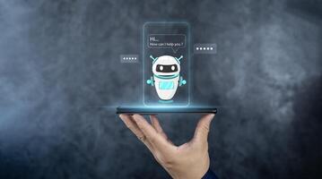 Digital chatbot, chat GPT, robot application, conversation assistant, AI Artificial Intelligence concept. Man using mobile smart phone. photo