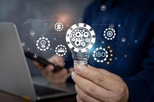 Hand holding Light bulb, Global Internet connection cloud computing. Business global internet connection application technology. photo