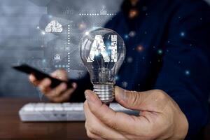 Businessman touching the brain working of Artificial Intelligence AI Automation, Predictive analytics. photo