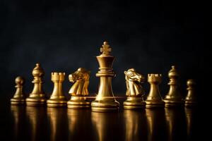 Business strategy brainstorming chess board game with black background, free copy space for your text. photo