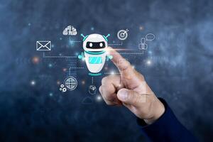 Hand touch Digital chatbot to access information and data in the online network. Robot Applications and Global Connectivity AI Artificial Intelligence photo