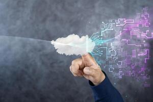 Businessman touch cloud computing icon network. Cloud technology, Cloud data transfer and online data storage for business network confidential data. photo