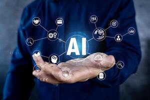Businessman using technology AI for working tools. Chat bot Chat with AI, using technology smart robot AI. photo