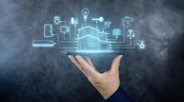Smart home, intelligent house, and home automation app security concept. Smart home app on smart phone. photo