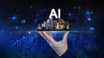 AI theme with person using a smartphone. Cloud technology in smart city concept with human hand carries digital tablet with megapolis city skyscrapers. photo