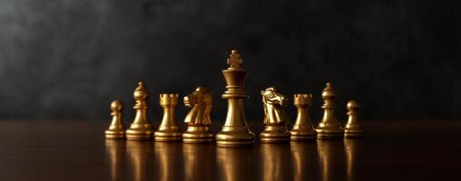 Business brainstorming chess board game with black background Free space for your text, panoramic style. Chess board game for ideas. photo