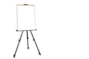 Wooden easel with blank canvas on white isolated background for mockup design. space for text. photo