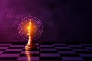 Golden king chess encounter with gold chess enemy on dark background and connection line for strategy idea and futuristic concept. photo