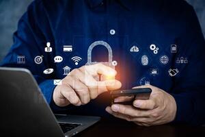 Concept of cyber security, Businesswoman using network online on cloud systemp to server big data information security encryption, secure access to user's personal information photo