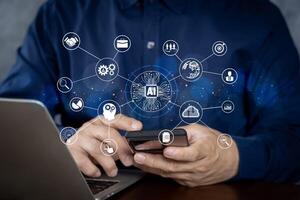 Businessman using chatbot in computer smart intelligence Ai.Chat GPT Chat with AI Artificial Intelligence, developed by OpenAI generate. photo