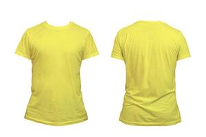 Blank yellow clean t-shirt mockup, isolated, front view. Empty tshirt model mock up. Clear fabric cloth for football or style outfit template. photo
