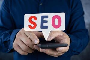 SEO Search Engine Optimization, concept for promoting ranking traffic on website, optimizing your website to rank in search engines. photo