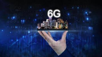 Businessman holding smartphone with map point Global network connection 6G.concept Networking technologies and social interaction. photo