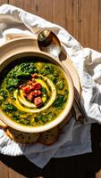 cuenco verde sopa con un lado un pan foto