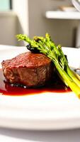 seared steak glazed with red sauce garnish asparagus photo
