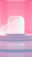 white circular platform with three steps front an archway against a pink wall photo