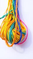 close- view tangled colorful strings photo