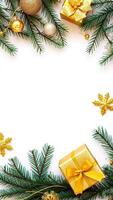 gold ornaments pine branches create festive frame photo