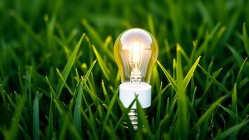 glowing light bulb embedded green grass photo