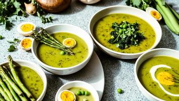 green soup with asparagus soft-boiled egg photo