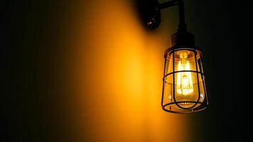 caged bulb casts a warm glow on a dark wall photo