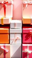 colorful arrangement wrapped boxes with satin ribbons photo