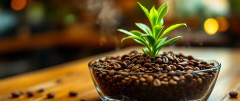 sprout emerging from roasted coffee beans photo