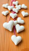 white fabric hearts with pink strings on wooden surface photo