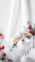 white bow with a golden border on a pine branch with red berries photo