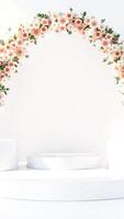white platform with a paper flower archway photo