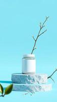 white jar with a blank label rests on a textured platform photo