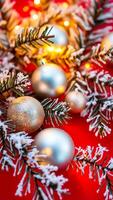 snow-covered pine branch decorated with silver ornaments golden lights photo
