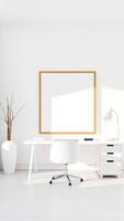 minimalistic white home office space with an empty frame photo