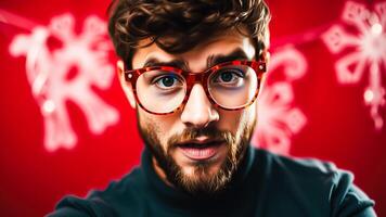 man with red-rimmed glasses smiles directly at the viewer photo
