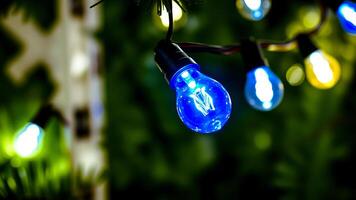 blue lightbulb hanging from a string lights photo