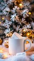 white mug with a marshmallow on a soft surface photo