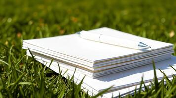 stack blank papers a pen rest on green grass photo